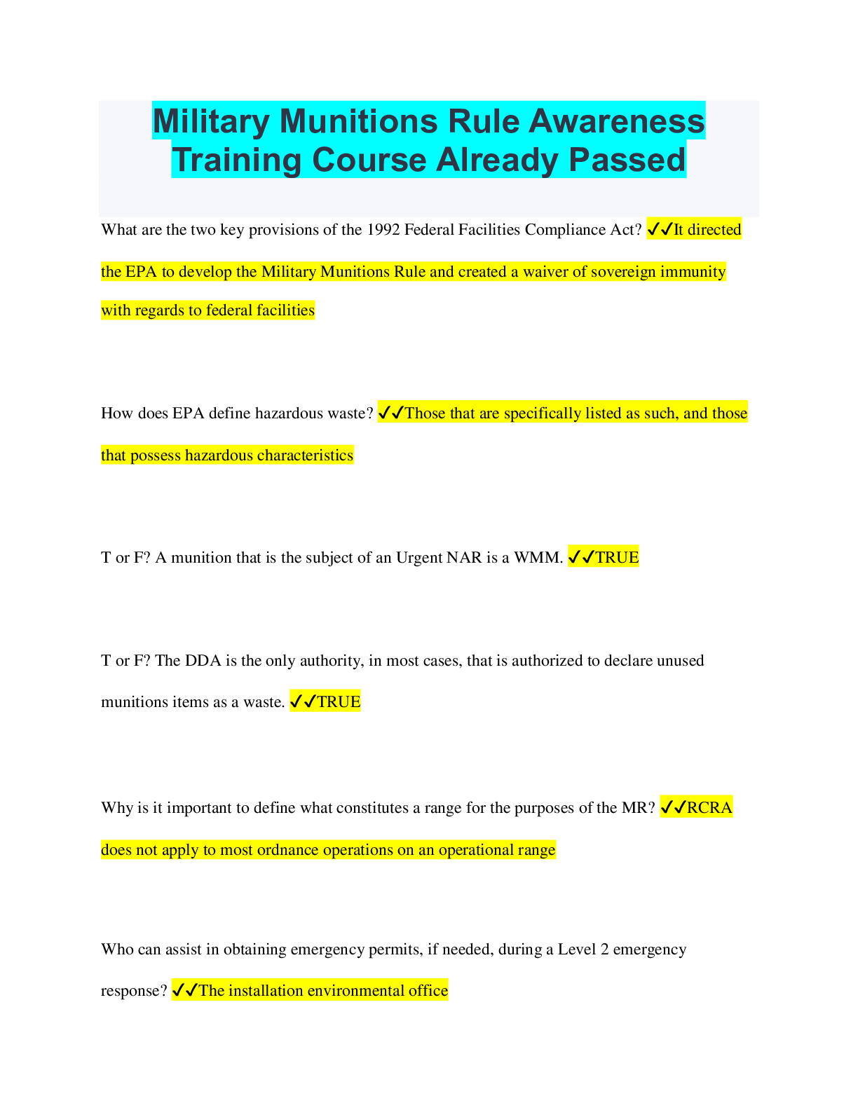 Military Munitions Rule Awareness Training Course Exam Answers